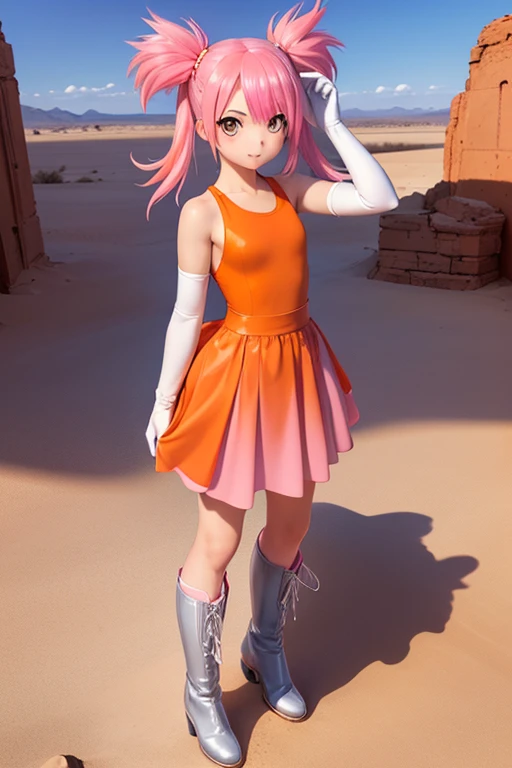 Highest quality,Highest Resolution,(((Orange one piece dress Long skirt Silver Boots White Opera Gloves pink hair Pink Hair))) Metal Max 2:Reloaded 独奏 Twin tails Red Eye Slender 18-year-old end of the century desert wilderness ruins