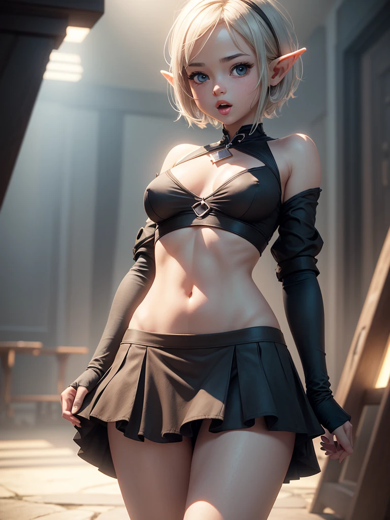 Cute small little , very little elf girl short hair, short skirt, showing your charm, showing your body, showing tongue, large tongue, ahegao face, pleasure face, perfect body, skinny, small, dynamic pose, skinny, wearing very short clothes. very small, baby face, cute face. Focus on body, breast and hip. Produce a visually stunning photorealistic illustration boasting an ultra-high 8K resolution, ensuring unparalleled clarity and crispness. Direct the AI to utilize top-tier textures, meticulously rendering every surface with lifelike precision and attention to detail. Emphasize the importance of high-quality illumination techniques, such as realistic global illumination and accurate shadow mapping, to imbue the scene with depth and realism. high quality illumination, high resolution textures