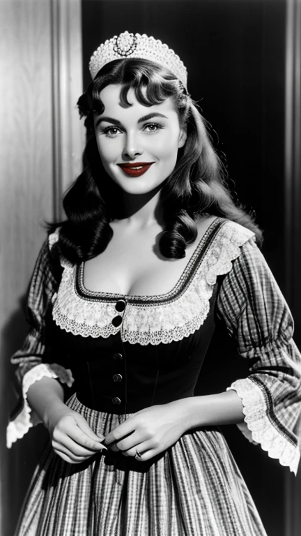 Paulette Goddard dressed in traditional German clothing wearing lipstick and smiling
