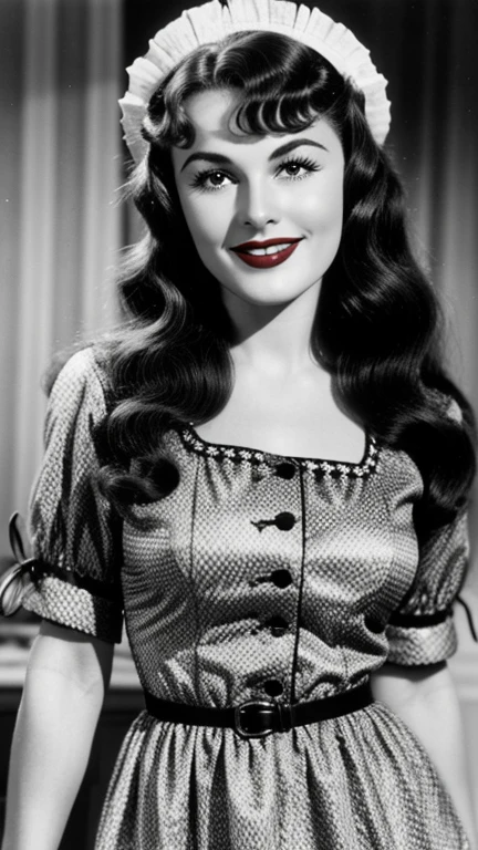 Paulette Goddard dressed in traditional German clothing wearing lipstick and smiling