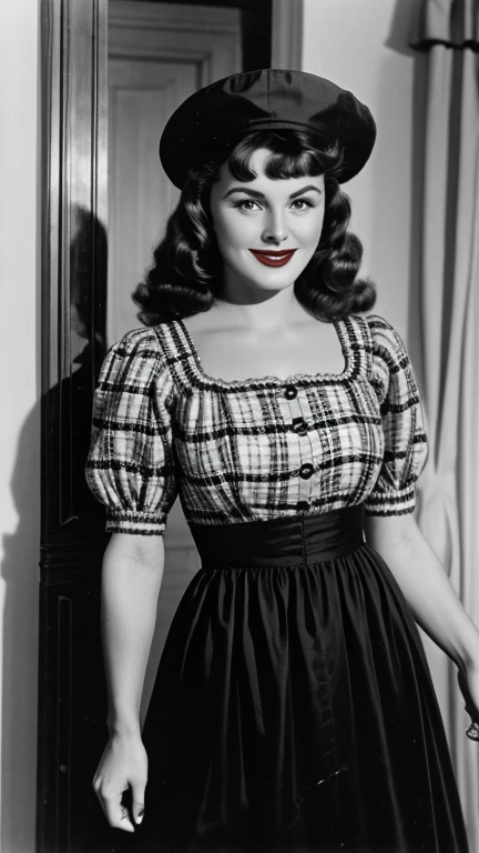Paulette Goddard dressed in traditional German clothing wearing lipstick and smiling