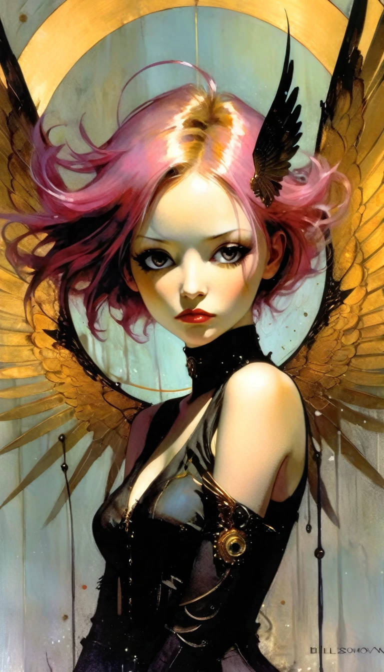 sexy angel with clockwork wings/Mika Mizono, Sand, pink hair, golden eyes, wings, Halation, between shadows, oil painting, clair obscur, sensuous, dramatic lighting, moody atmosphere, photorealistic, intricate details, masterpiece, ultra-detailed, high quality, 8k, best quality, realistic, cinematic, dark and brooding, expressionistic, powerful composition, emotional impact, Bill Sienkiewicz inspired art