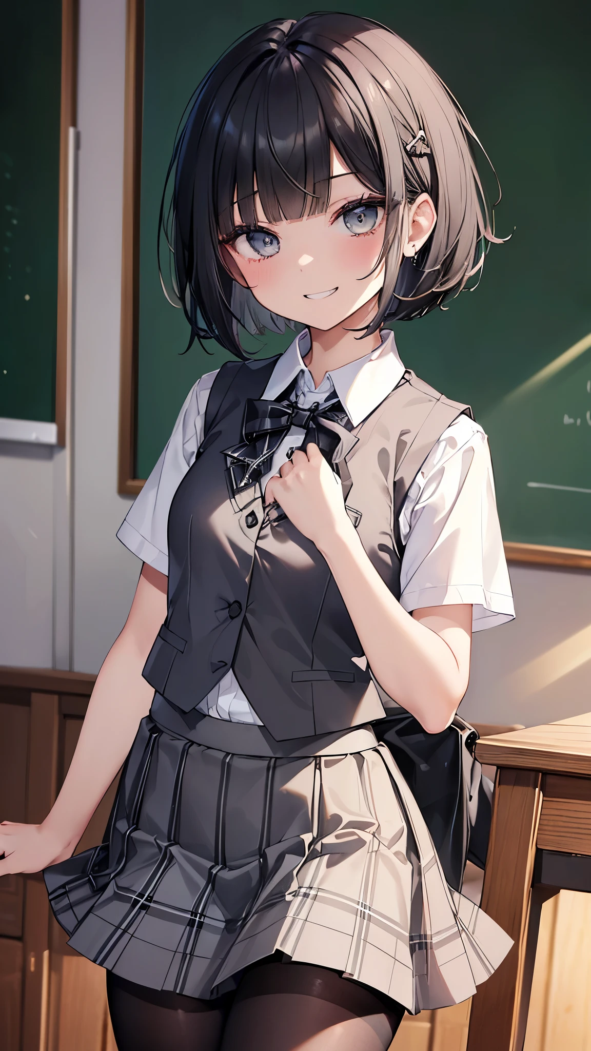 (masterpiece、Highest quality、Very detailed))、One girl、Black Hair、bob cut、blunt bangs、Grey Eyes、evil smile、((Grin))、((Small breasts))、((White collared shirt))、Short sleeve、A bow tie、((gray vest))、((plaid skirt))、((micro miniskirt))、((black pantyhose))、Cowboy Shot、Classroom Background
