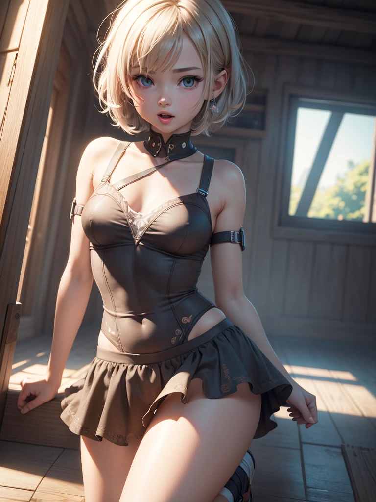 Cute small little , very little fairy girl short hair, short skirt, showing your charm, showing your body, showing tongue, large tongue, ahegao face, pleasure face, perfect body, skinny, small, dynamic pose, skinny, wearing very short clothes. very small, baby face, cute face. Focus on body, brea hip. Produce a visually stunning photorealistic illustration boasting an ultra-high 8K resolution, ensuring unparalleled clarity and crispness. Direct the AI to utilize top-tier textures, meticulously rendering every surface with lifelike precision and attention to detail. Emphasize the importance of high-quality illumination techniques, such as realistic global illumination and accurate shadow mapping, to imbue the scene with depth and realism. high quality illumination, high resolution textures