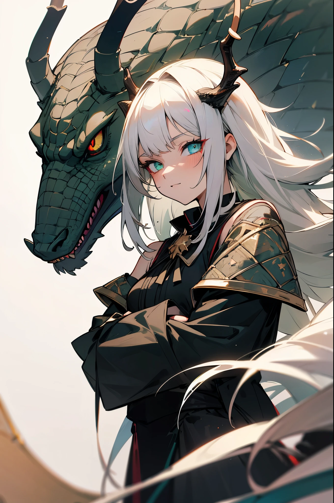 (best qualityer: 1.0), (super high res: 1.0), extremely detailed character, detailed hands, Half-dragon girl, antlers, scales on the neck, scales on shoulders, scales on the forearm, scales on cheek, Girl with dragon tail, dragon tailed, extremely detailed hair, shorth hair, ((White hair)),((black locks)), extremely detailed eyes, eye with different colors, heterochromia, white right eye, black left eye, dragon eyes, 2d, anime art, ((fully body)), standing on her feet, Mediovale, RPG, wicked look, giggling, small, star eye, starry eye