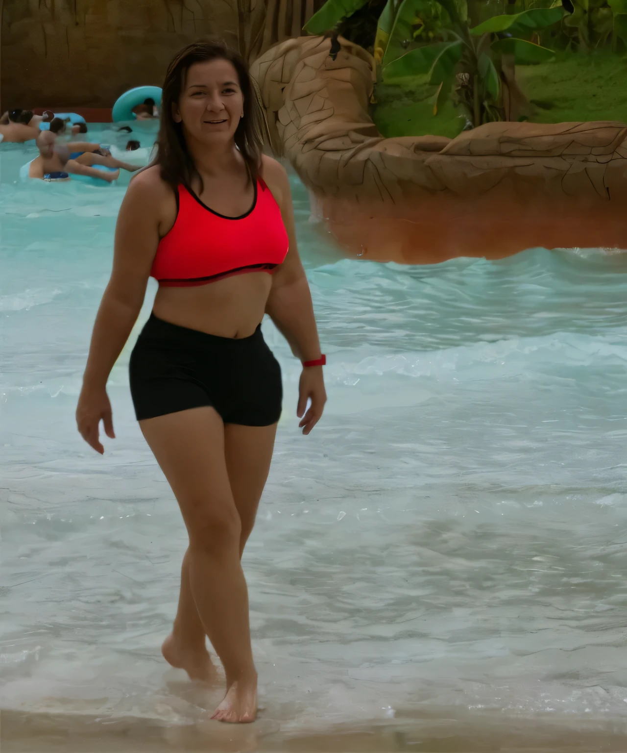 woman in red top and black shorts walking in water at a water park, in water! up to shoulders, taken in the late 2010s, water park, stands in a pool of water, uhd candid photo of dirty, taken in the early 2020s, in water up to her shoulders, in the water, standing next to water
