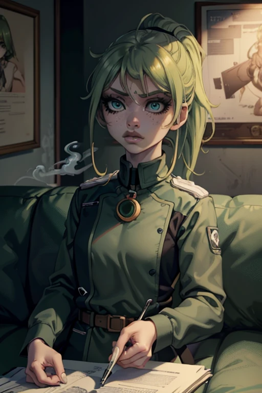 Masterpiece, best quality, centered in frame, portrait, female, pale skin, stressed expression, busty, exhaling smoke, eye bags, stethoscope around neck, nervous, green lips, messy ponytail, bright green hair, couch landscape, green eyes, paramedic uniform, freckles, beautiful