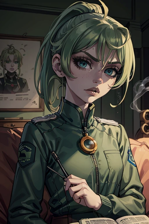 Masterpiece, best quality, centered in frame, portrait, female, pale skin, stressed expression, busty, exhaling smoke, eye bags, stethoscope around neck, nervous, green lips, messy ponytail, bright green hair, couch landscape, green eyes, paramedic uniform, freckles, beautiful