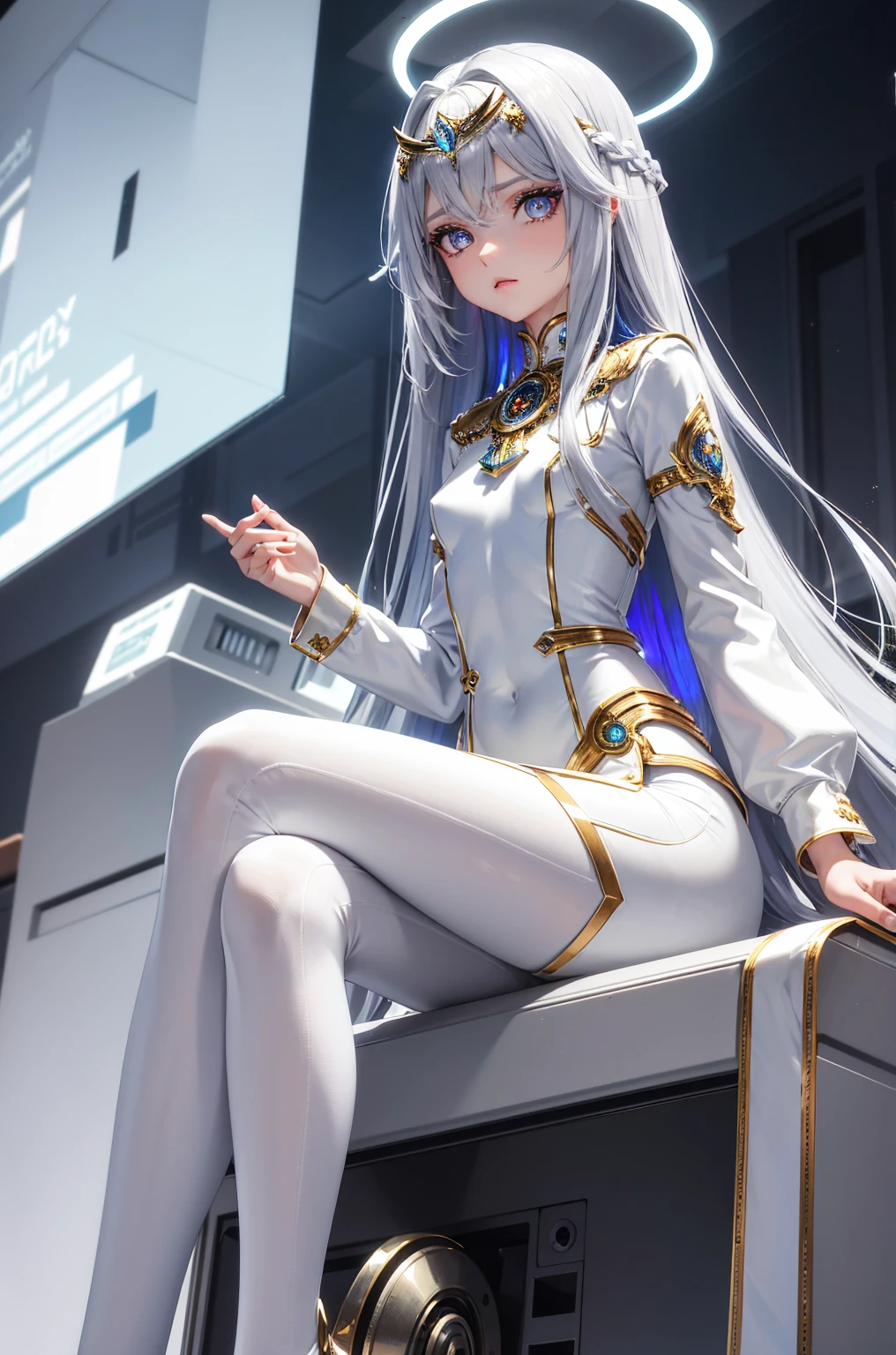 best quality,masterpiece,ultra detailed,Add layer,detailed eyes,slim,skinny,slim legs,small hips,
Fatima,android,slim breast,,((mechanical halo)),(Iridescent:1.21),halo,
big eyes,Iridescent eyes,cold eyes,glowing eyes,slant eyes,narrow eyes,
hair over eyes,very long hair,silver and Iridescent gradation color hair,multi color hair,straight hair,shiny hair,airy hair,silky hair,voluminous hair,
expressionless,(makeup:1.4),
(circlet),jewel,white mechanical dress,white mechanical skirt,pantyhose,mechanical parts, Long Sleeves,jewel broach,
sitting on cockpit,mechanical seat,
science fiction,