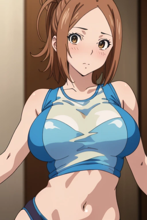 (​masterpiece, top-quality, hight resolution:1.22), (anime screencap,1.5, anime-keyvisual), (ultra_detailed, 4k, UHD:1.2), (photorealistic, pixiv:1.3), the perfect body, miyoshi kaya, KizukiAi, light brown hair, high ponytail, orange eyes, parted bangs, forehead, 1girl, solo, blush, (sagging huge breast:1.5, Breasts Apart), (slim, hands up, navel), (see-through tank top:1.5), (on back, sleepy), (upper body:1.5, on bed), (perfect detailed anatomy:1.5, beautiful detailed face, beautiful detailed eyes, beautiful skin, perfect detailed arms:1.5), 