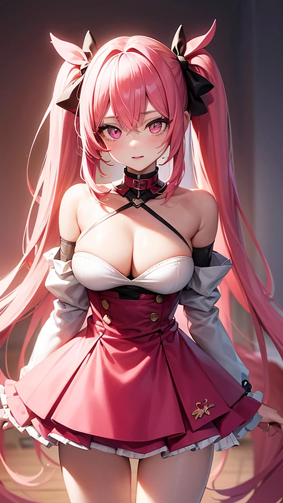 (Highest quality,High resolution,Ultra-detailed,girl),Pink Hair,Height: 160cm,cute,Pink Eyes,Twin tails,Big Breasts,Her eyes are white and shining,Has bright white eyes,Naked and looking at me,I have a very embarrassed look,