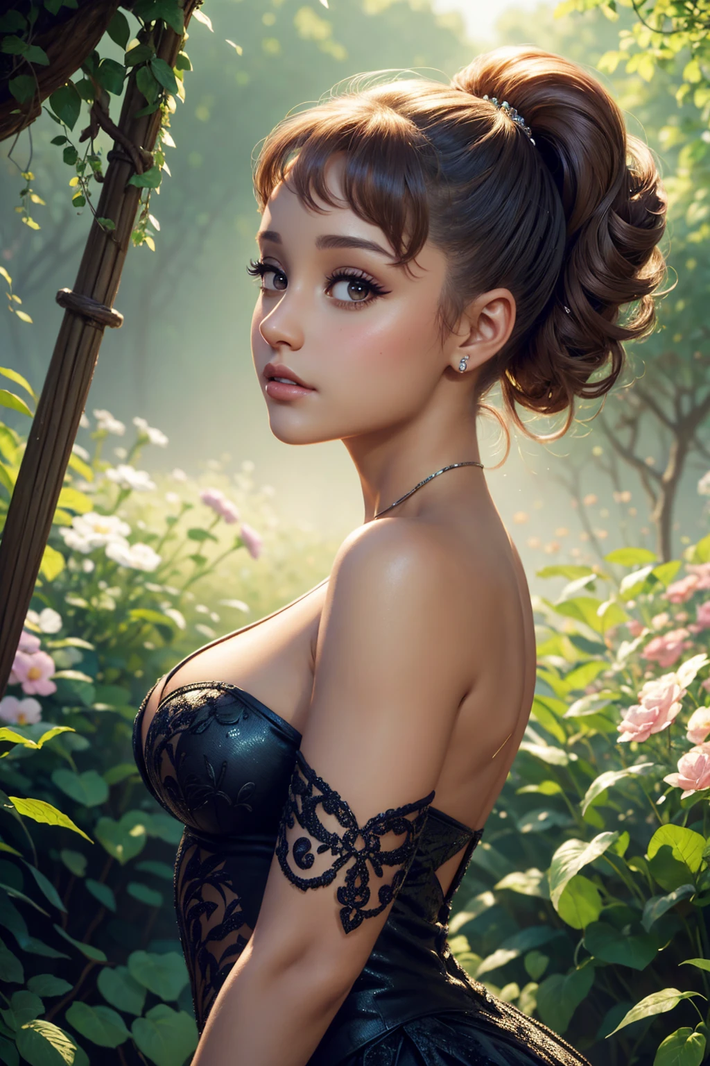 portrait Ariana Grande, wearing breasts tinkerbell costume, against the background of garden, character portrait, 3 9 9 0 s, short hair, intricate, elegant, highly detailed, digital painting, artstation, concept art, smooth, sharp focus, illustration, art by wlop, charlie bowater and alexandra fomina, 36k