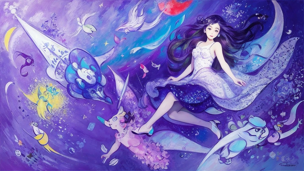 Abstract painting like Marc Chagall、Purple Dream、Fantasy、no gravity、Girl、Not realistic、