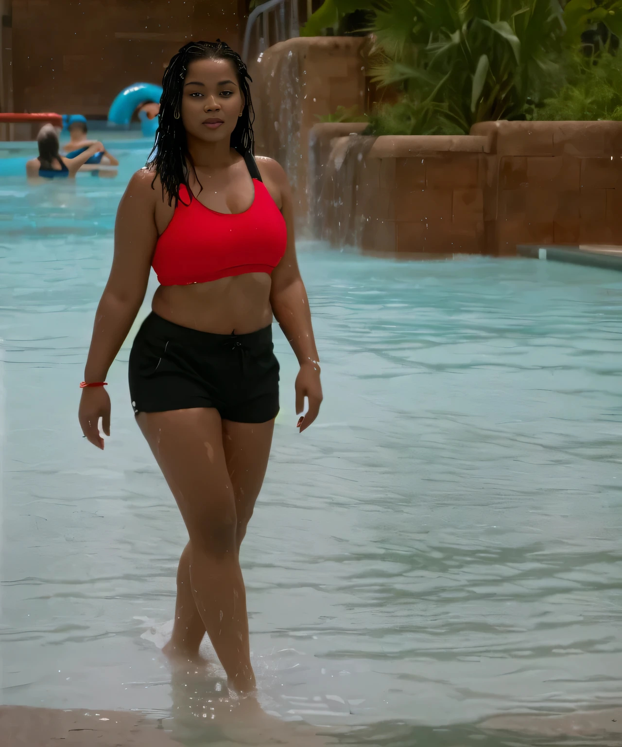 woman in red top and black shorts walking in water at a water park, in water! up to shoulders, taken in the late 2010s, water park, stands in a pool of water, uhd candid photo of dirty, taken in the early 2020s, in water up to her shoulders, in the water, standing next to water