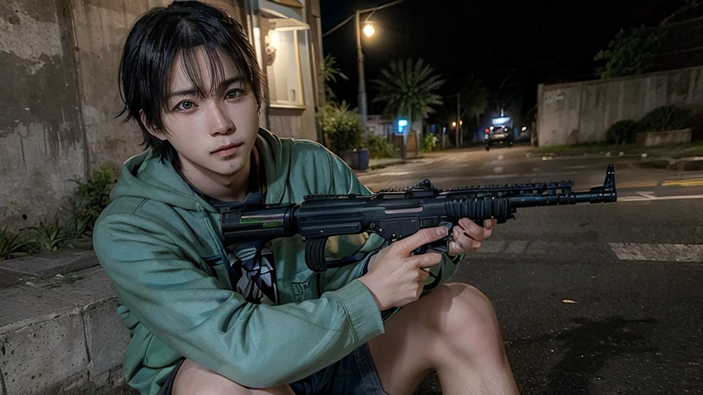 a guy with a gun in his hand sitting on the street in a place in the beasil