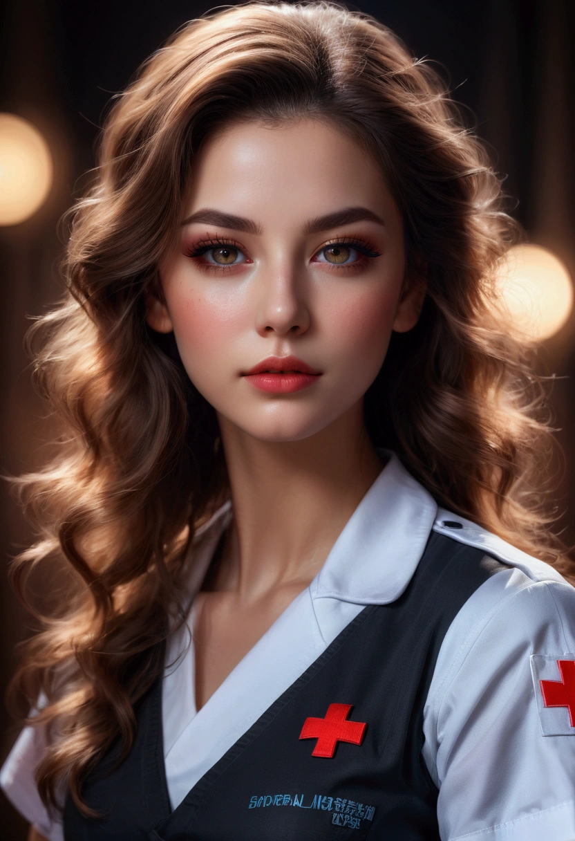 1girl, Nurse, a beautiful nurse, beautiful detailed eyes, beautiful detailed lips, extremely detailed face and portrait, longeyelashes, (4k,8k,highres:1.2), ultra-detailed, HDR, UHD, studio lighting, ultra-fine painting, sharp focus, physically-based rendering, extreme detail description, professional, vivid colors, bokeh, portrait, cinematic lighting, warm color tones, glowing skin, masterpiece, best quality, very aesthetic, absurdres