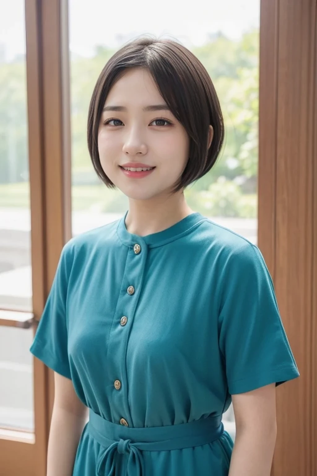 (natural lighting:1.3), 8k, RAW photo, best quality, masterpiece, realistic, photo-realistic, clear, beautiful face, no makeup, best quality, ultra high res, BREAK, Japanese cute girl, , (very short cut hair:1.2), smile, standing, (election of nipples:1.2), (vintage color saturation:1.1)