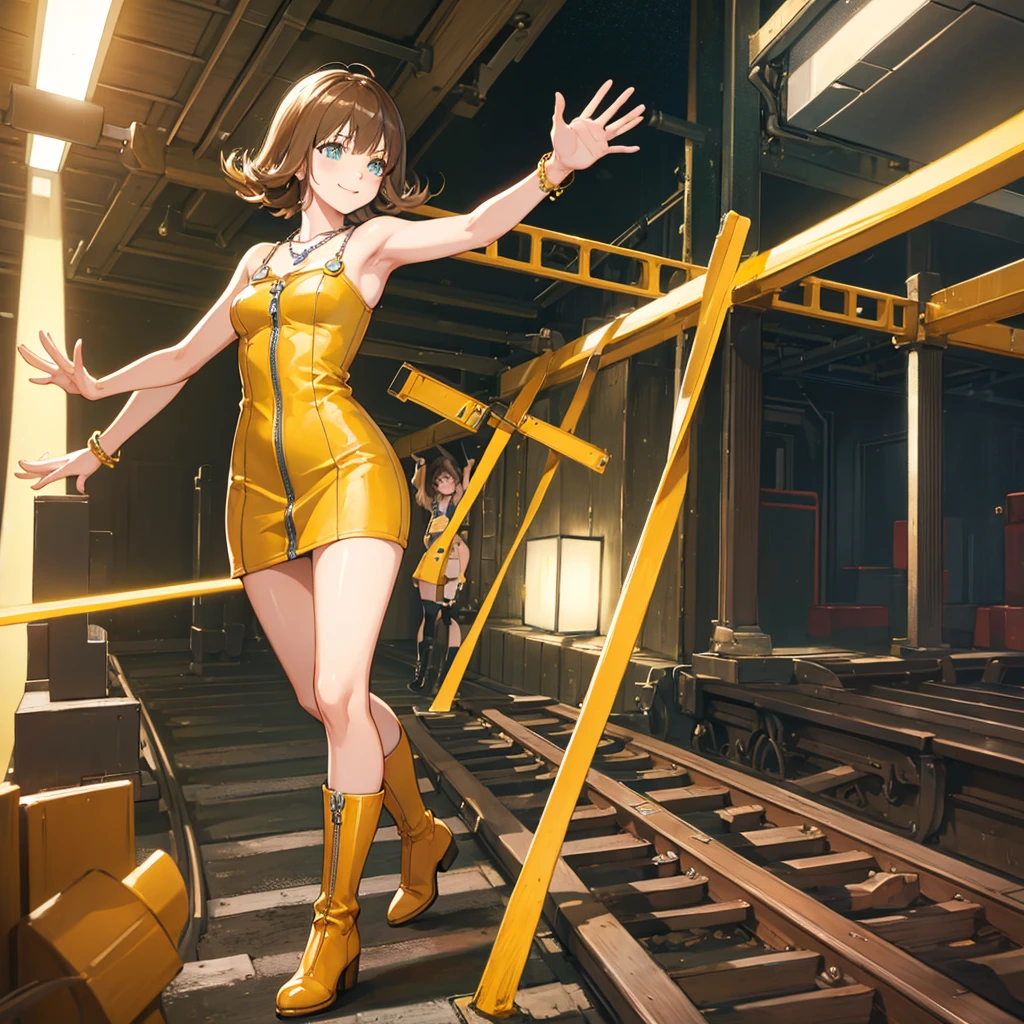 masterpiece, best quality, selphie, necklace, yellow dress, boots, smile, waving with both arms, railroad track 