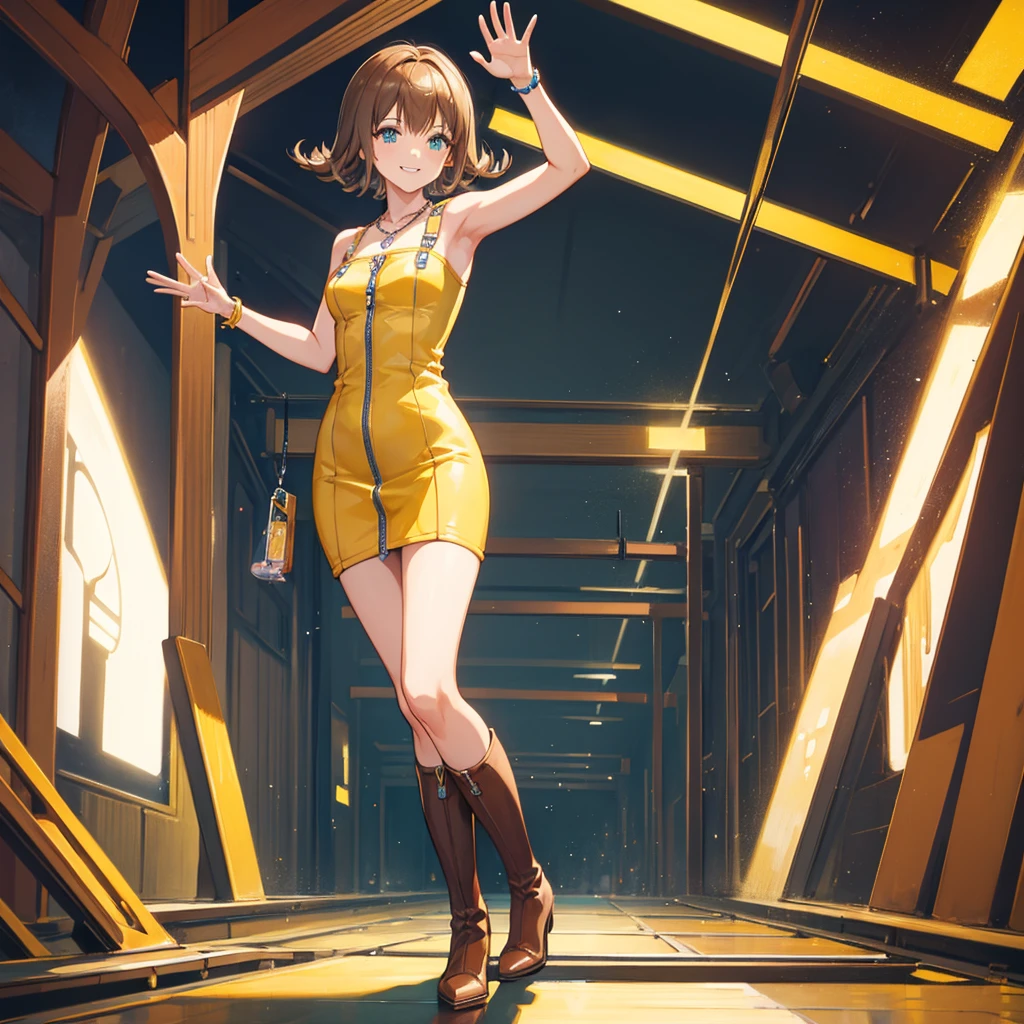 masterpiece, best quality, selphie, necklace, yellow dress, boots, smile, waving with both arms, railroad track 