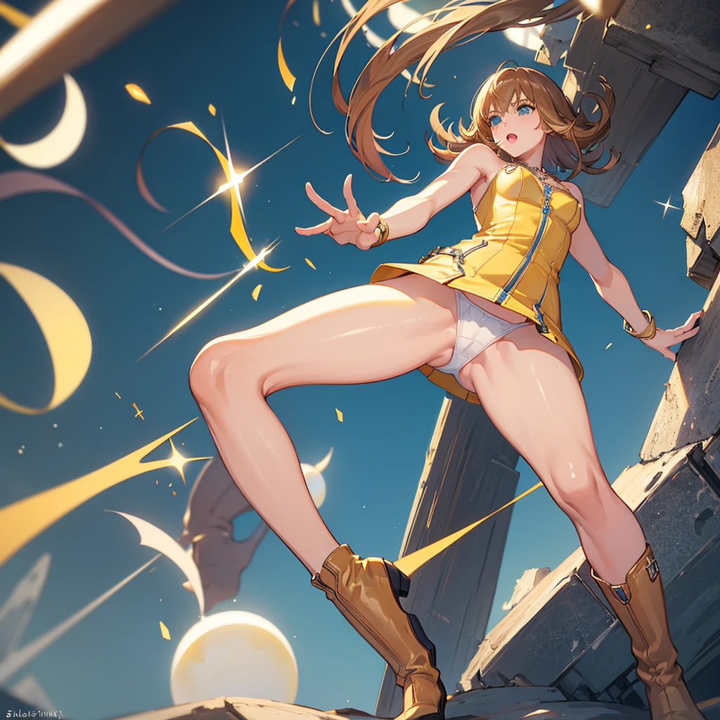 (masterpiece), best quality, expressive eyes, perfect face,(Selphie Tilmitt),Final Fantasy,1gril, necklace, yellow dress, boots ((Selphie Tilmitt open thighs)),,up skirt,((shoot from below)),blue sky, (white panties),solo,,FFⅧ,
