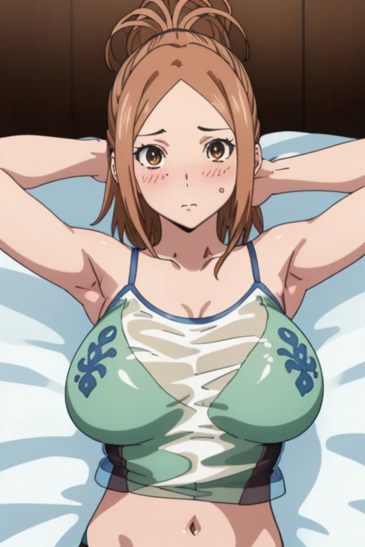 (​masterpiece, top-quality, hight resolution:1.22), (anime screencap,1.5, anime-keyvisual), (ultra_detailed, 4k, UHD:1.2), (photorealistic, pixiv:1.3), the perfect body, miyoshi kaya, KizukiAi, light brown hair, high ponytail, orange eyes, parted bangs, forehead, 1girl, solo, blush, (sagging huge breast:1.5, Breasts Apart), (slim, hands up, navel), (see-through camisole:1.5), (on back, sleepy), (upper body:1.5, on bed), (perfect detailed anatomy:1.5, beautiful detailed face, beautiful detailed eyes, beautiful skin, perfect detailed arms:1.5), 