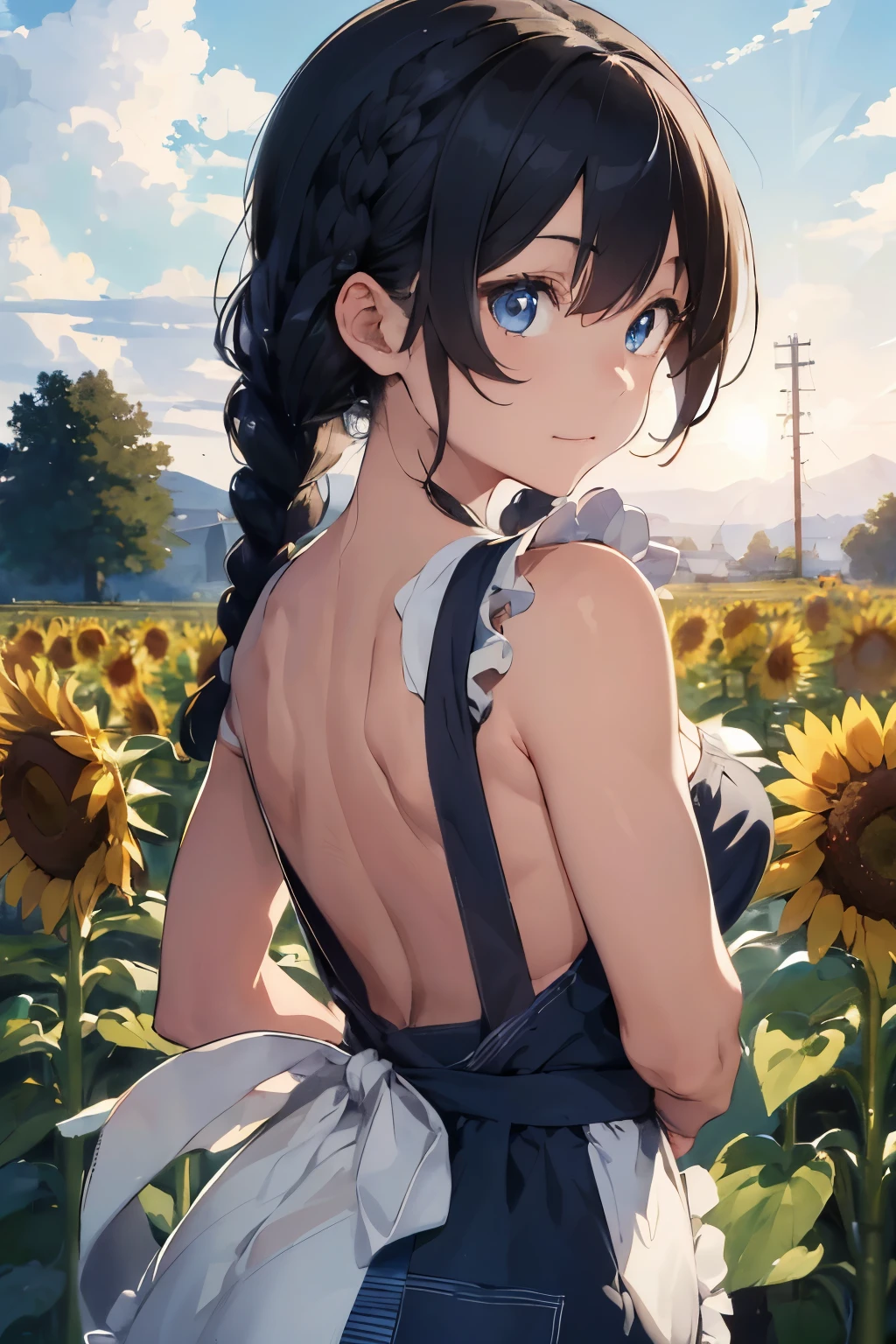 ((Highest quality)), ((masterpiece)), (detailed), (Japanese),12 years old, Black Hair,(Childish face), (Braids), Girl , big Breasts, ,(Naked), ((Blue eyes)),half-smile , Sunlight, from_Side, arched back, (from_behind) ,upper body,Cosmos field ,Sunflower field ,(Naked Apron),Frill apron,