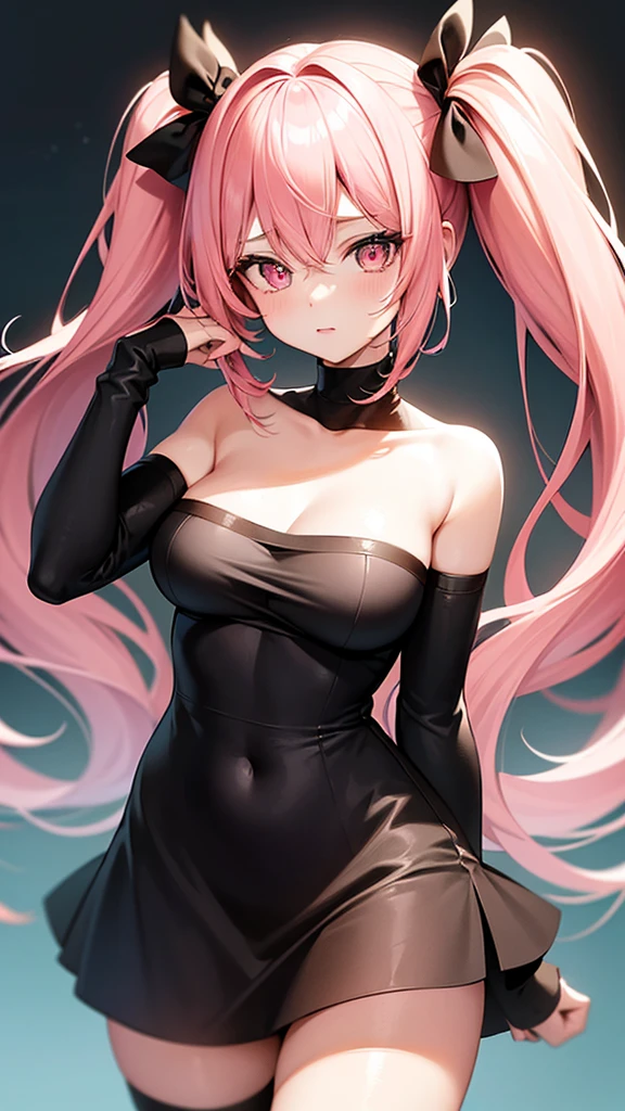 (Highest quality,High resolution,Ultra-detailed,girl),Pink Hair,Height: 160cm,cute,Pink Eyes,She is wearing a black dress,Twin tails,Big Breasts,Her eyes are white and shining,Has bright white eyes,Naked and looking at me,I have a very embarrassed look，