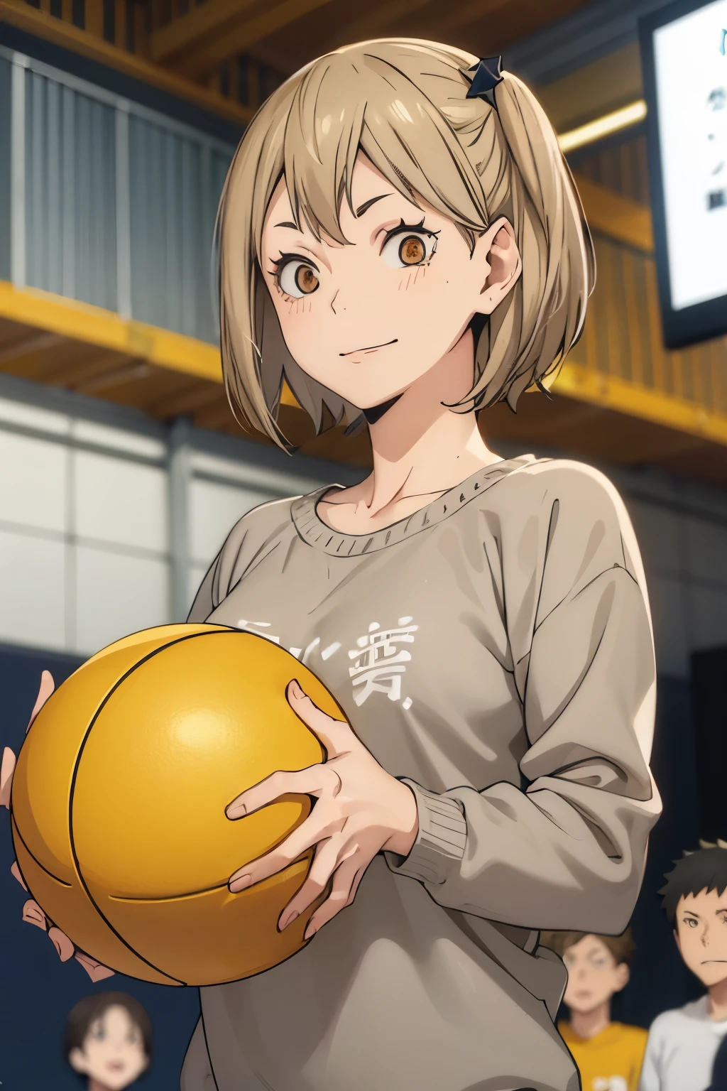 Haikyuu anime girl shoulder length gray hair with bangs, Light brown eyes with long eyelashes and a cheerful expression. She is wearing a  and an open yellow sweater on a volleyball court. 