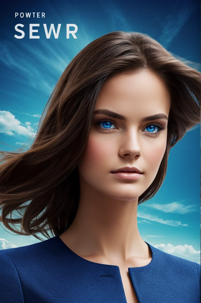 Create a book cover for a story named power with a beautiful brunette with blue eyes on it