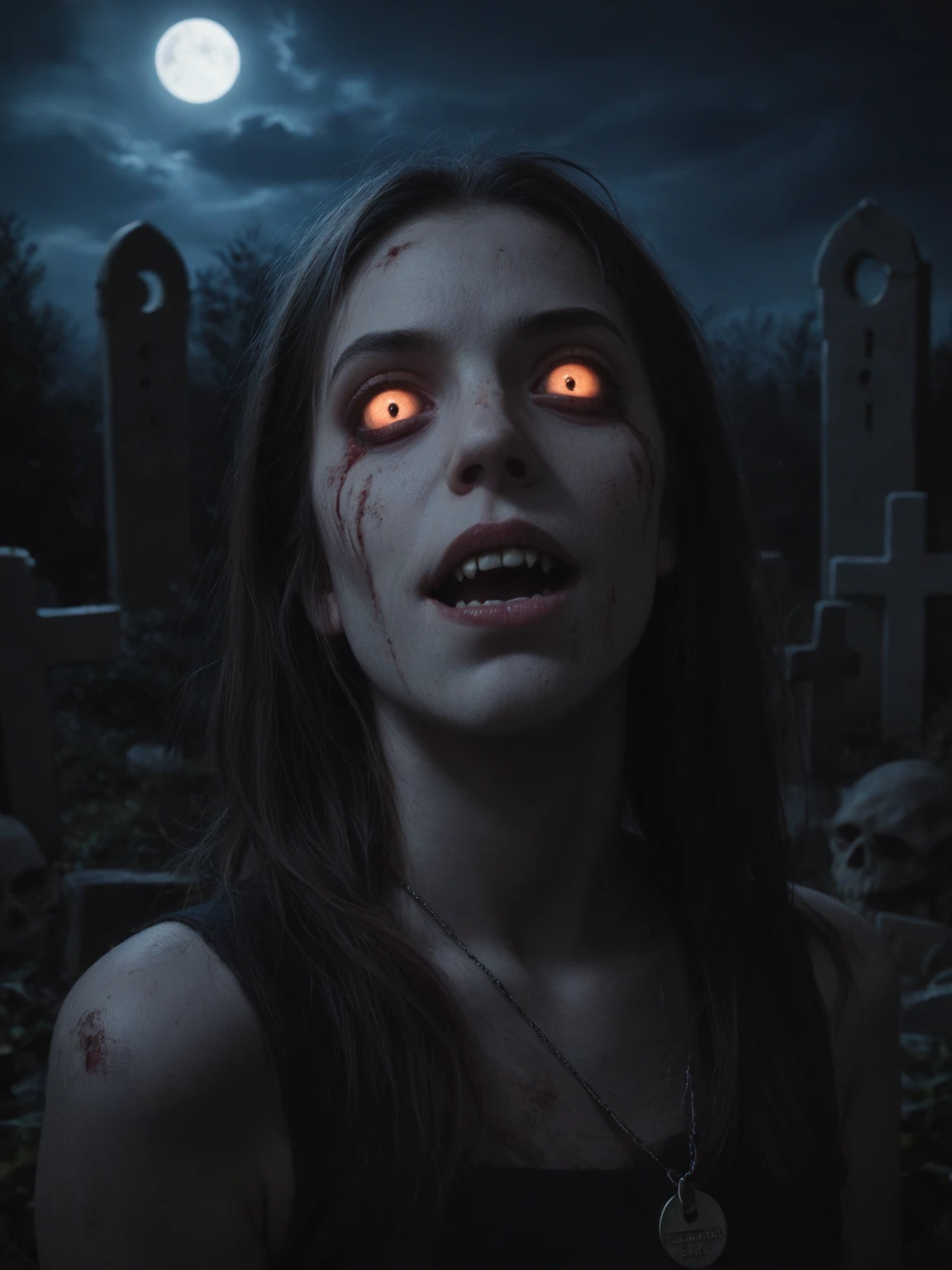 score_9, score_8_up, score_7_up, score_6_up, score_5_up, score_4_up, realistic style, photorealism, portrait, creatures,  demon, scary creature, rotten skin, pale skin, fangs, looking at the viewer, scary look, gloomy atmosphere, cemetery, dark lighting, volumetric lighting, (night  ), tag1, tag2