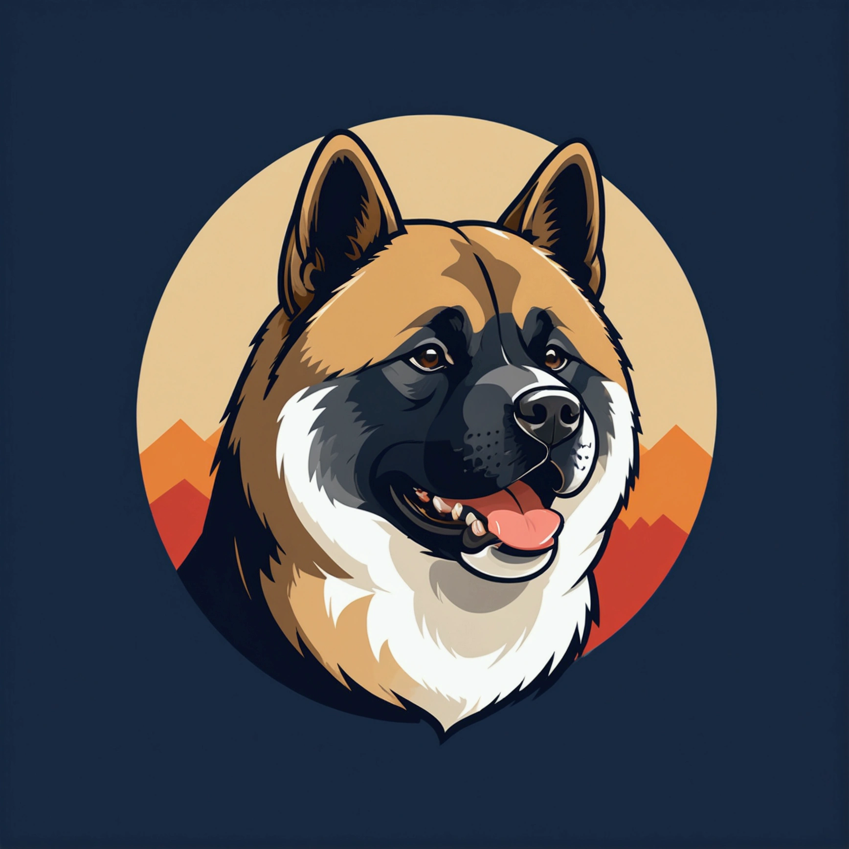 American Akita – a beauty with plush fur and a characteristic dark mask. The breed combines courage, friendliness,  funky, retro, multicoloured,  vintage logo, American Akita dog,athletic sports logo,energetic dynamic pose vintage logo, American Akita dog,athletic logo,energetic dynamic pose, American Akita – a beauty with plush fur and a characteristic dark mask.