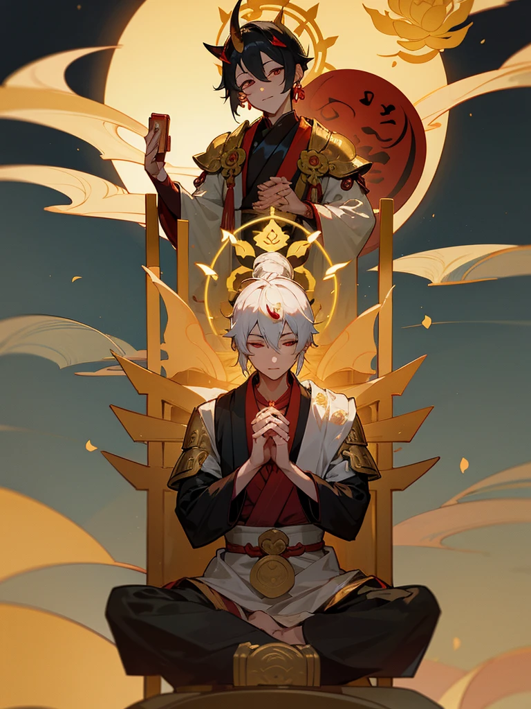 

Dragon God Kannon Bodhisattva, Lucky Eyes, Horn, Black short hair, Golden Armor, torii, male, full moon, Praying with hands together, Lotus flower, Zen meditation Pure Land iPhone Shinto-Buddhist fusion Lotus throne