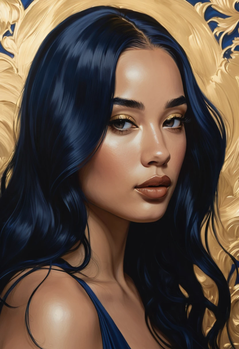 Jorja Smith with long black hair in a gold painting, in the style of charlie bowater, dark blue and dark black, comic art, realistic color palette, dark black and beige, soft-focused realism