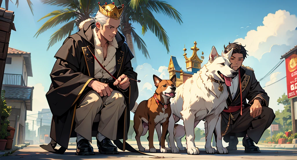 Man holding dog on leash, king crown on top of dog&#39;s head, background crimson sky
