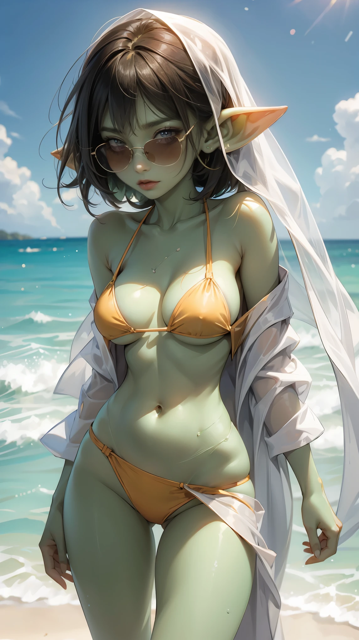 ((best quality)), ((masterpiece)), (detailed), perfect face, ((green skin)), pointy ears, very shy, tiny breasts, wearing sunglasses, short dark hair, covering up, embarrassed, scared, on the beach, being shy, wearing the most beautiful bikini anyone has ever seen, beautiful, sexy, gorgeous, underboob, skindentation, open white robe, open robe, tan lines