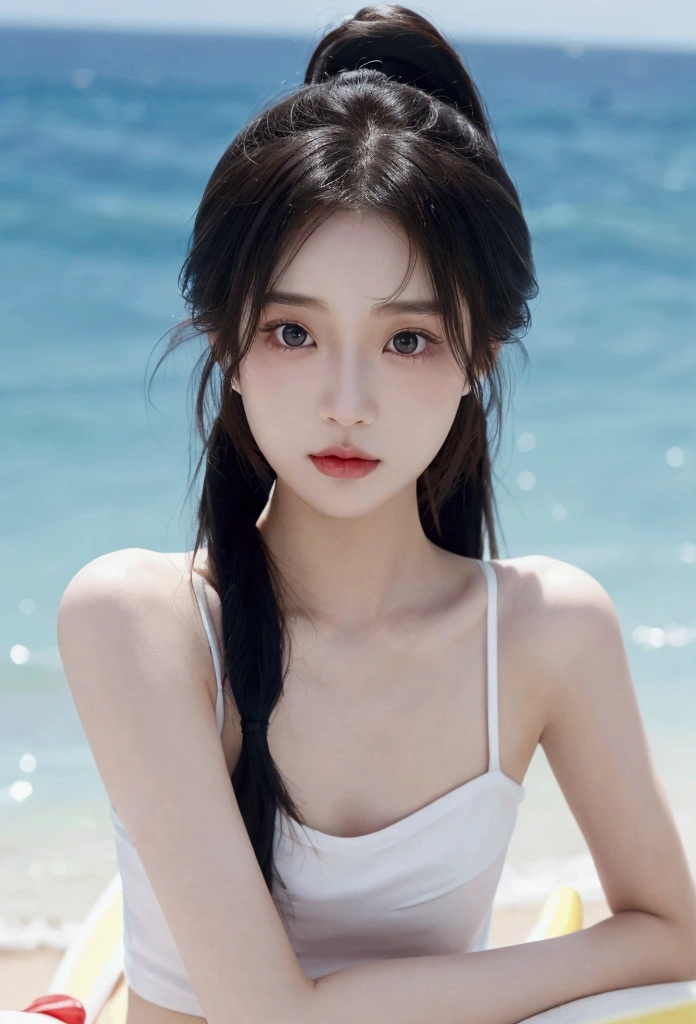8k,high quality,photo,A Japanese and Korean girl in the beautiful sea in summer,Surfing while standing on a surfboard,graceful posture,Eyes facing the camera,Slim figure,Exquisite white and delicate skin texture,Tied with a refreshing ponytail,Makeup,The focus of the picture is to show that the girl has beautiful double eyelids and big eyes,Smoothly pointed chin,His expression looks very happy and enjoying it,The screen only shows the upper body,The hand posture and number of fingers conform to the logic of the real human body,portrait,The shooting lens is 3.5mm