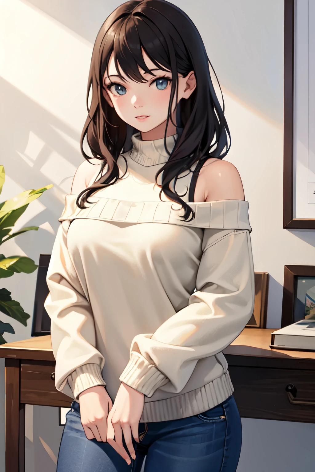 ((Highest quality)), ((masterpiece)), (detailed), One girl, Off-the-shoulder sweater,