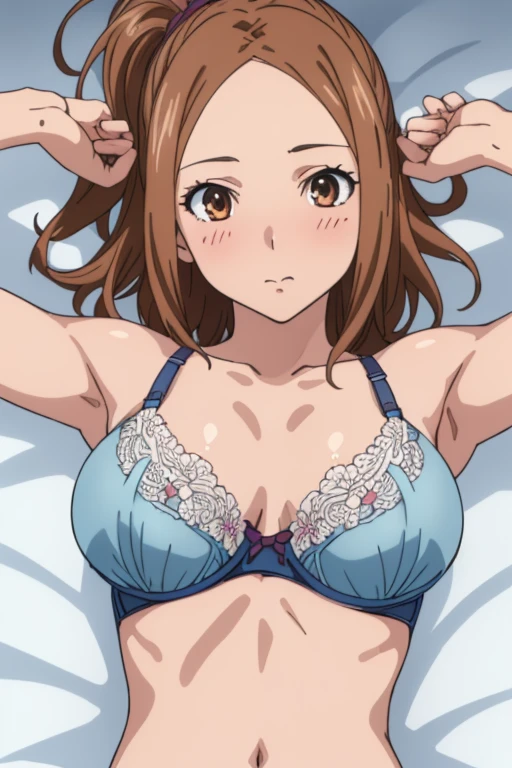 (​masterpiece, top-quality, hight resolution:1.22), (anime screencap,1.5, anime-keyvisual), (ultra_detailed, 4k, UHD:1.2), (photorealistic, pixiv:1.3), the perfect body, miyoshi kaya, KizukiAi, light brown hair, high ponytail, orange eyes, parted bangs, forehead, 1girl, solo, closed mouth, blush, (sagging huge breast:1.5, Breasts Apart), (slim, hands up, navel), (see-through bra:1.5), (on back, sleepy), (upper body:1.5, on bed), (perfect detailed anatomy:1.5, beautiful detailed face, beautiful detailed eyes, beautiful skin, perfect detailed arms:1.5), 