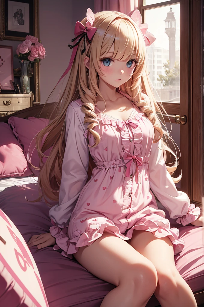 (Masterpiece, top quality, absolute resolution, real stick, realistic materials and textures, perfect ???????), BREAK Subject: Photo girl Subtitle: Junior high school girls, thighs, small, cute, Kigurumi pajamas BREAK pink kawaii room , pink gothic room, messy room, Marchen, macarons, Candy, heart item, ribbon,star item, small window, (Miscellaneous goods are placed in a mess:1.3),dresser, antimacassar , busty, blond hair