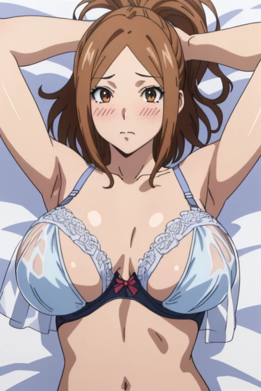 (masterpiece, top-quality, hight resolution:1.22), (anime screencap,1.5, anime-keyvisual), (ultra_detailed, 4k, UHD:1.2), (photorealistic, pixiv:1.3), the perfect body, miyoshi kaya, KizukiAi, light brown hair, high ponytail, orange eyes, parted bangs, forehead, 1girl, solo, closed mouth, blush, (sagging huge breast:1.5, Breasts Apart), (slim, hands up, navel), (see-through bra:1.5), (on back, sleepy), (upper body:1.5, on bed), (perfect detailed anatomy:1.5, beautiful detailed face, beautiful detailed eyes, beautiful skin, perfect detailed arms:1.5),