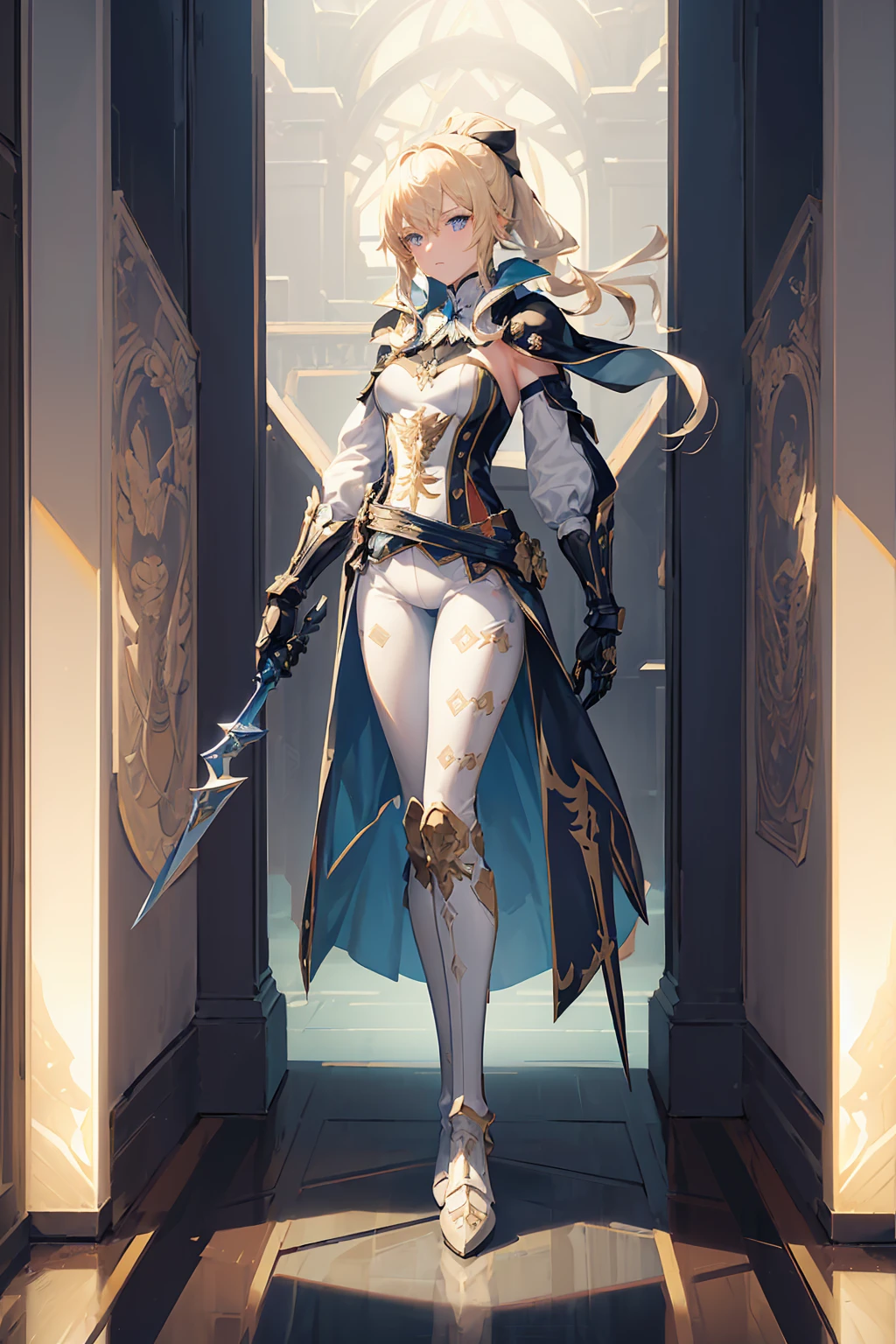 (((masterpiece, best quality, high detailed, 8k))) Design a layout showcase Gaming character, (1girl). Gold|White clothes, stylish and unique. ((showcase weapon:1.4)), celestial bow. (masterpiece:1.2), (best quality), 4k, ultra-detailed. (Step by step design, layout art:1.5), (luminous lighting, atmospheric lighting). celestial archer, ((glove full hands)), (((revealing clothes:1.3))), vambraces, armored legwear, (((full_body_shot:1.4))). {In a starry sky}.