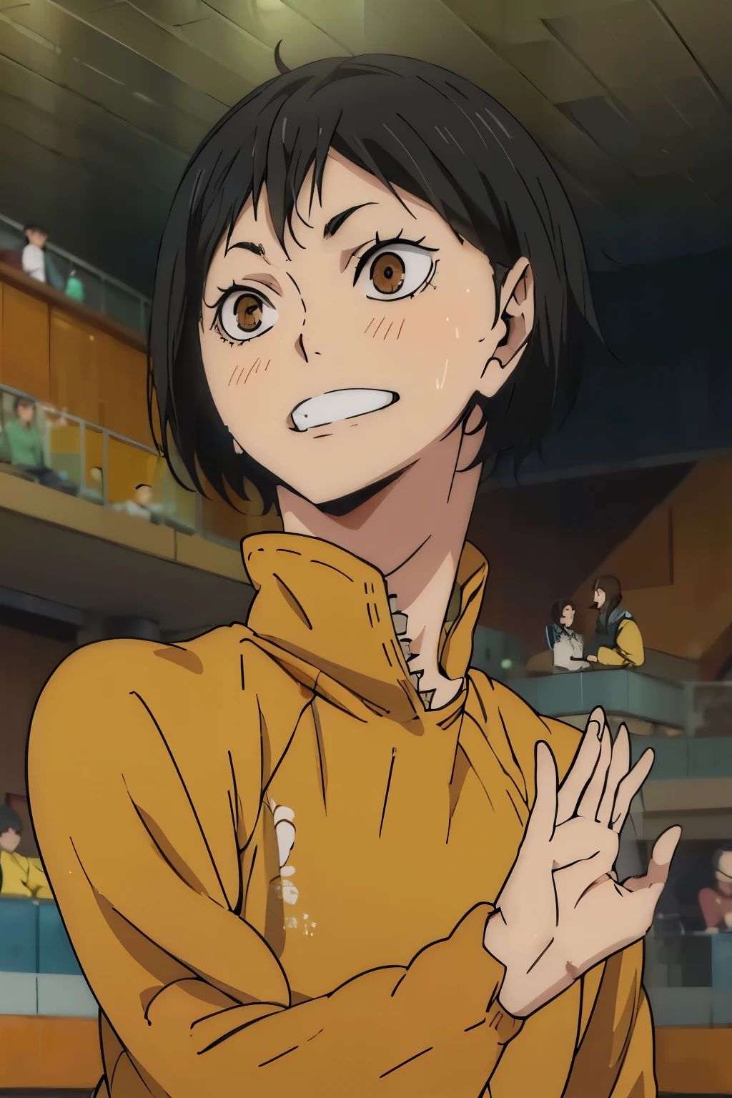 Haikyuu anime girl light gray shoulder-length hair with bangs light brown eyes and long eyelashes with cheerful expression wearing  and yellow sweater on an ice rink 