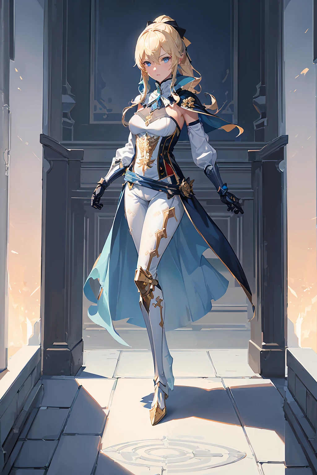 (((masterpiece, best quality, high detailed, 8k))) Design a layout showcase Gaming character, (1girl). Gold|White clothes, stylish and unique. ((showcase weapon:1.4)), celestial bow. (masterpiece:1.2), (best quality), 4k, ultra-detailed. (Step by step design, layout art:1.5), (luminous lighting, atmospheric lighting). celestial archer, ((glove full hands)), (((revealing clothes:1.3))), vambraces, armored legwear, (((full_body_shot:1.4))). {In a starry sky}.