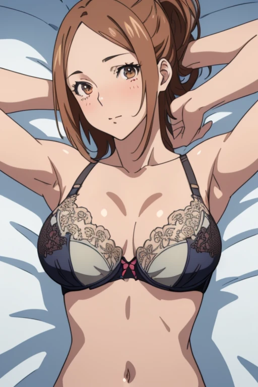 (masterpiece, top-quality, hight resolution:1.22), (anime screencap,1.5, anime-keyvisual), (ultra_detailed, 4k, UHD:1.2), (photorealistic, pixiv:1.3), the perfect body, miyoshi kaya, KizukiAi, light brown hair, high ponytail, orange eyes, parted bangs, forehead, 1girl, solo, closed mouth, blush, (sagging huge breast:1.5, Breasts Apart), (slim, hands up, navel), (see-through bra:1.5), (on back, sleepy), (upper body:1.5, on bed), (perfect detailed anatomy:1.5, beautiful detailed face, beautiful detailed eyes, beautiful skin, perfect detailed arms:1.5),
