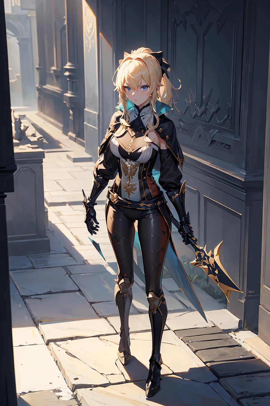 (((masterpiece, best quality, high detailed, 8k))) Design a layout showcase Gaming character, (1girl). Black|Gold clothes, stylish and unique. ((showcase weapon:1.4)), dark scythe. (masterpiece:1.2), (best quality), 4k, ultra-detailed. (Step by step design, layout art:1.5), (luminous lighting, atmospheric lighting). necromancer, ((glove full hands)), (((revealing clothes:1.3))), vambraces, armored legwear, (((full_body_shot:1.4))). {In a haunted graveyard}.