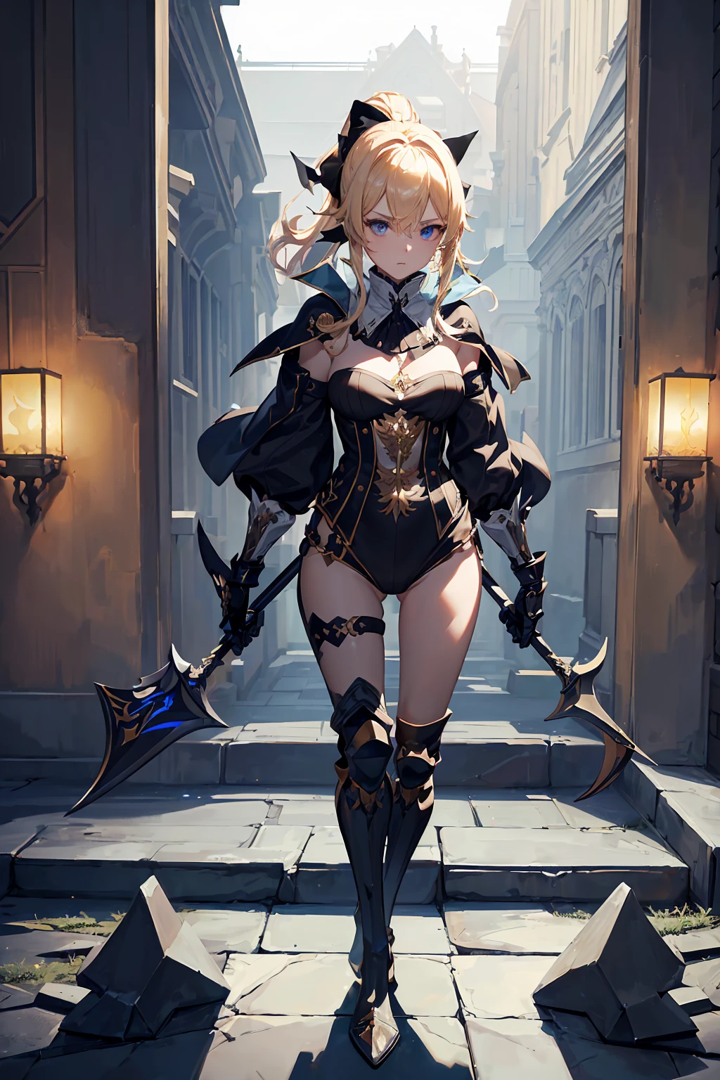 (((masterpiece, best quality, high detailed, 8k))) Design a layout showcase Gaming character, (1girl). Black|Gold clothes, stylish and unique. ((showcase weapon:1.4)), dark scythe. (masterpiece:1.2), (best quality), 4k, ultra-detailed. (Step by step design, layout art:1.5), (luminous lighting, atmospheric lighting). necromancer, ((glove full hands)), (((revealing clothes:1.3))), vambraces, armored legwear, (((full_body_shot:1.4))). {In a haunted graveyard}.