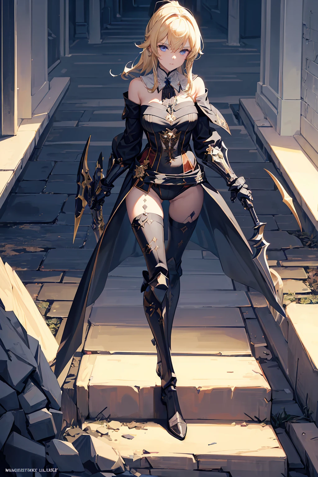 (((masterpiece, best quality, high detailed, 8k))) Design a layout showcase Gaming character, (1girl). Black|Gold clothes, stylish and unique. ((showcase weapon:1.4)), dark scythe. (masterpiece:1.2), (best quality), 4k, ultra-detailed. (Step by step design, layout art:1.5), (luminous lighting, atmospheric lighting). necromancer, ((glove full hands)), (((revealing clothes:1.3))), vambraces, armored legwear, (((full_body_shot:1.4))). {In a haunted graveyard}.