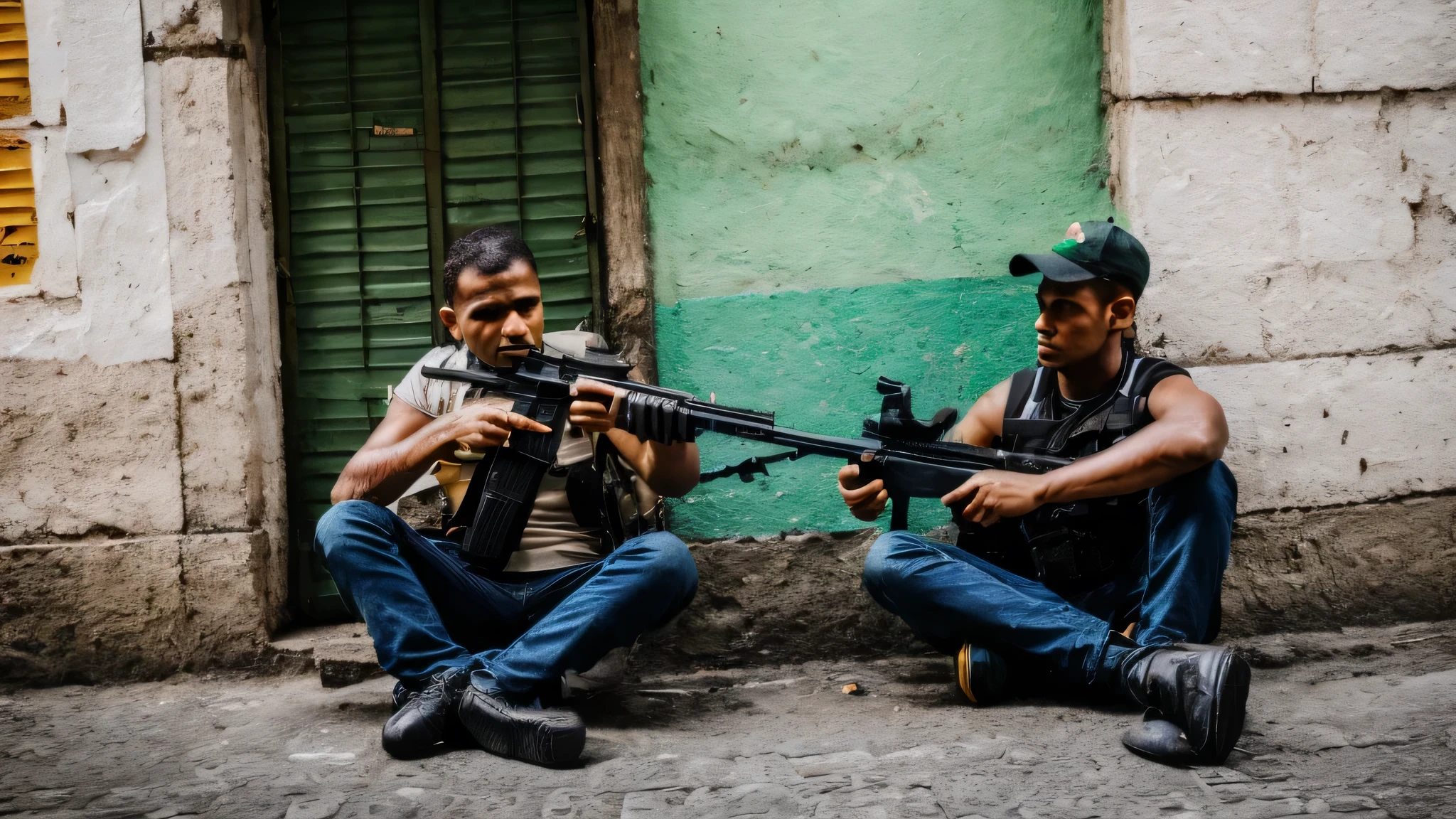 a guy with a gun in his hand sitting on the street in a place in Brazil