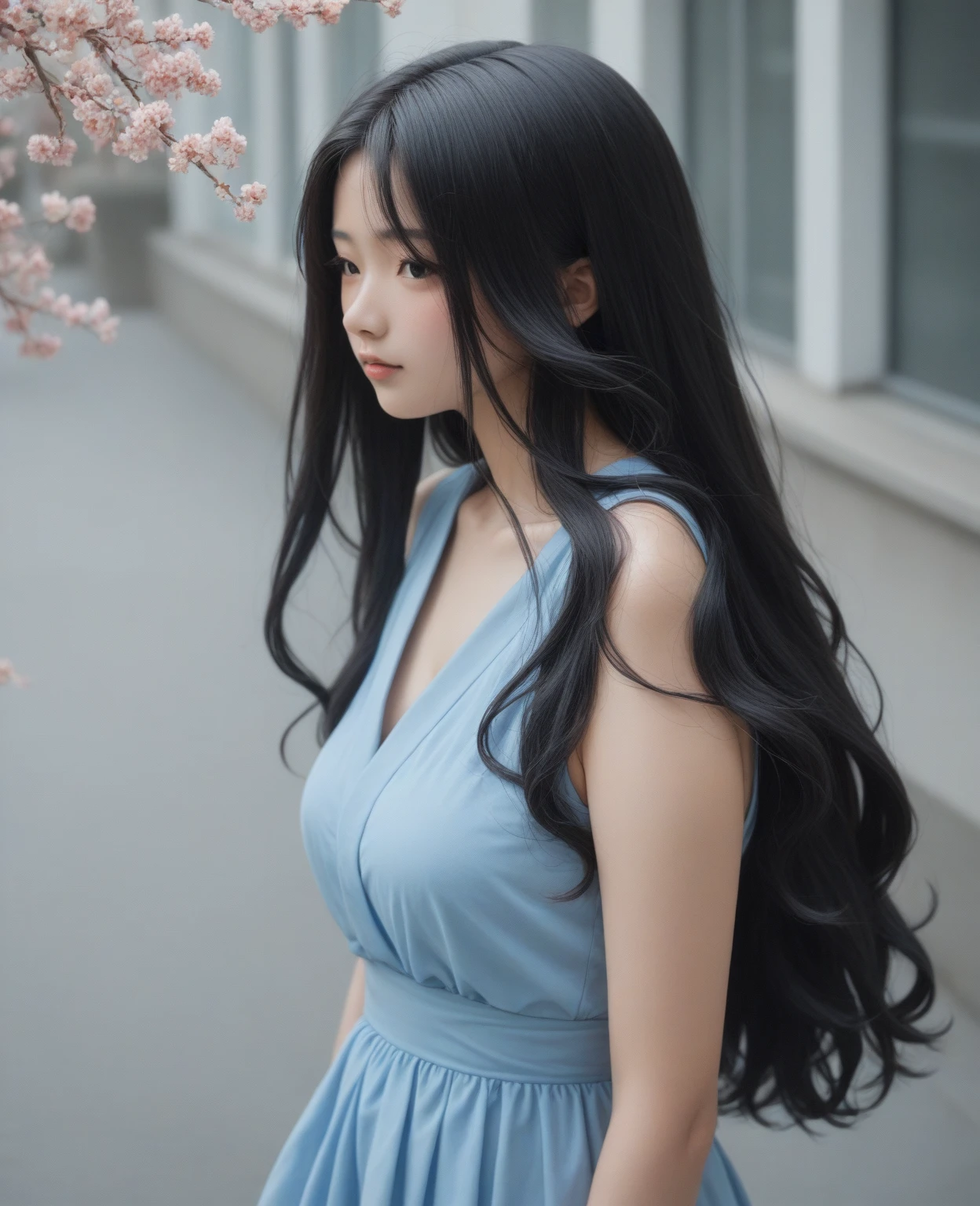 a close up of a woman Long Hair wearing a blue dress, asian girl Long Hair, Thin and shiny hair, ウェーブのかかったLong black hair, Long, thin black hair, 細い光沢のあるLong black hair, Black hair blown by the long wind, Long black hair, Beautiful Korean Women, Flowing black hair, Long Hair, Long black hair, 長くFlowing black hair