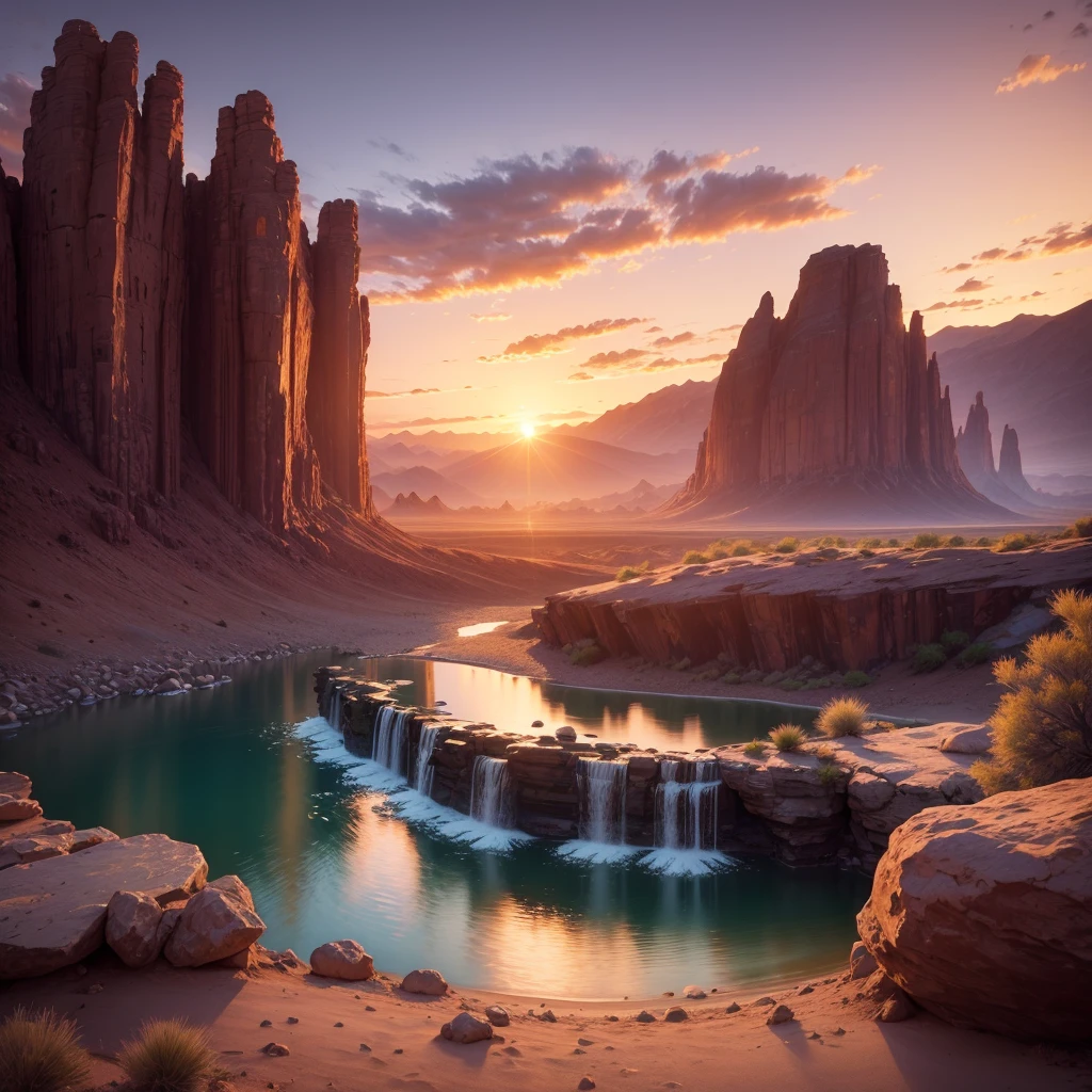 Landscape waterfall in sunset mountains best image quality, high quality, Beautiful desert beach wallpaper 8k extremely detailed, Photography